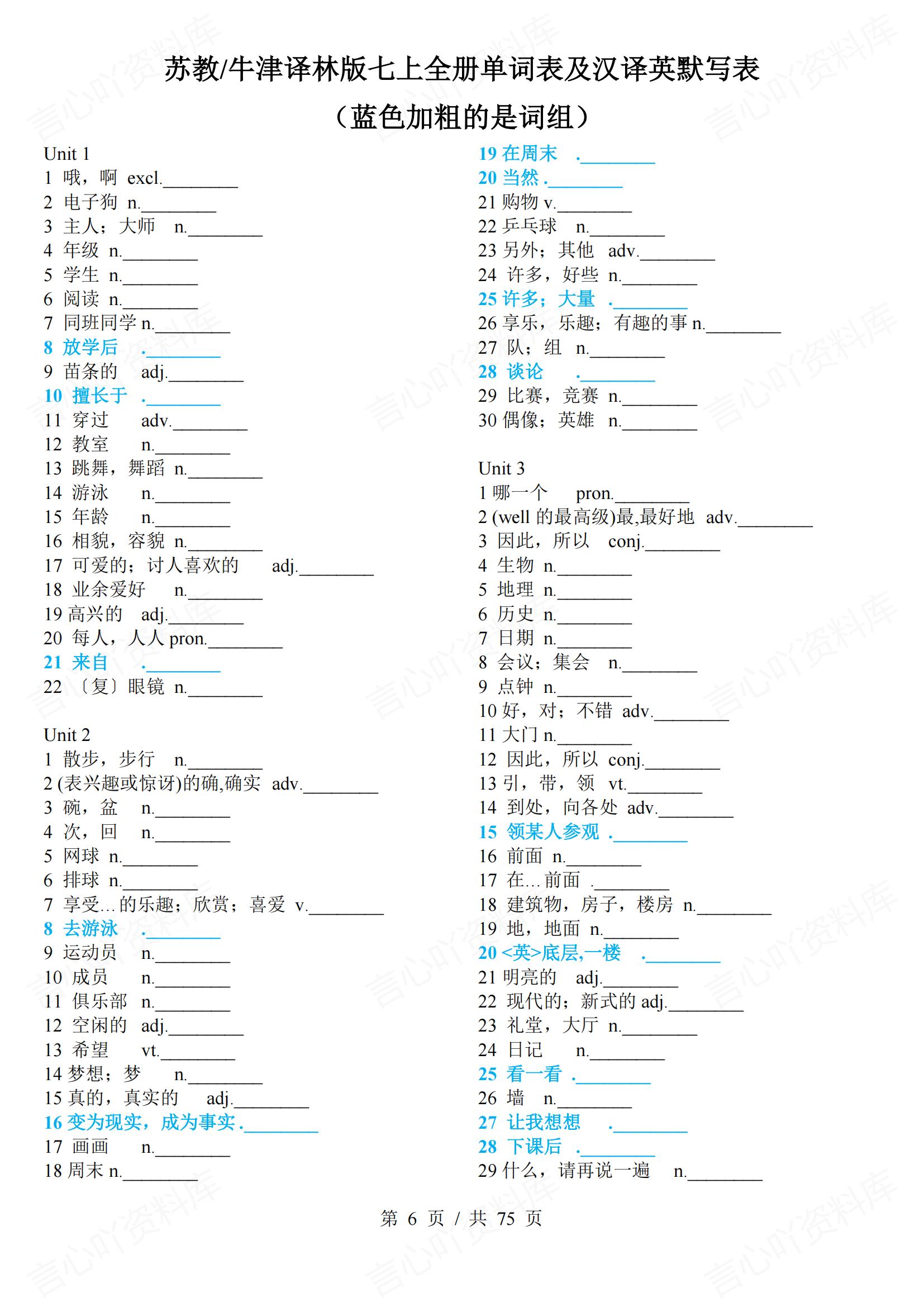 初中英语 | 译林版789年级单词总表背诵汉译英默写插图初中英语1