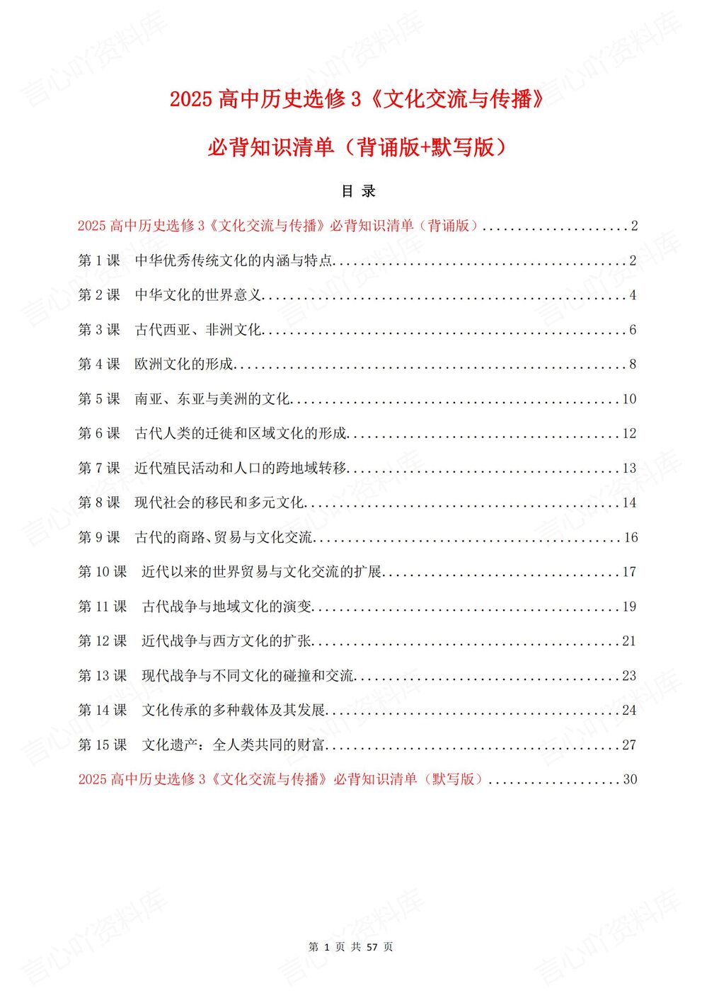 高中历史 | 文化交流与传播背默知识清单-言心吖资料库