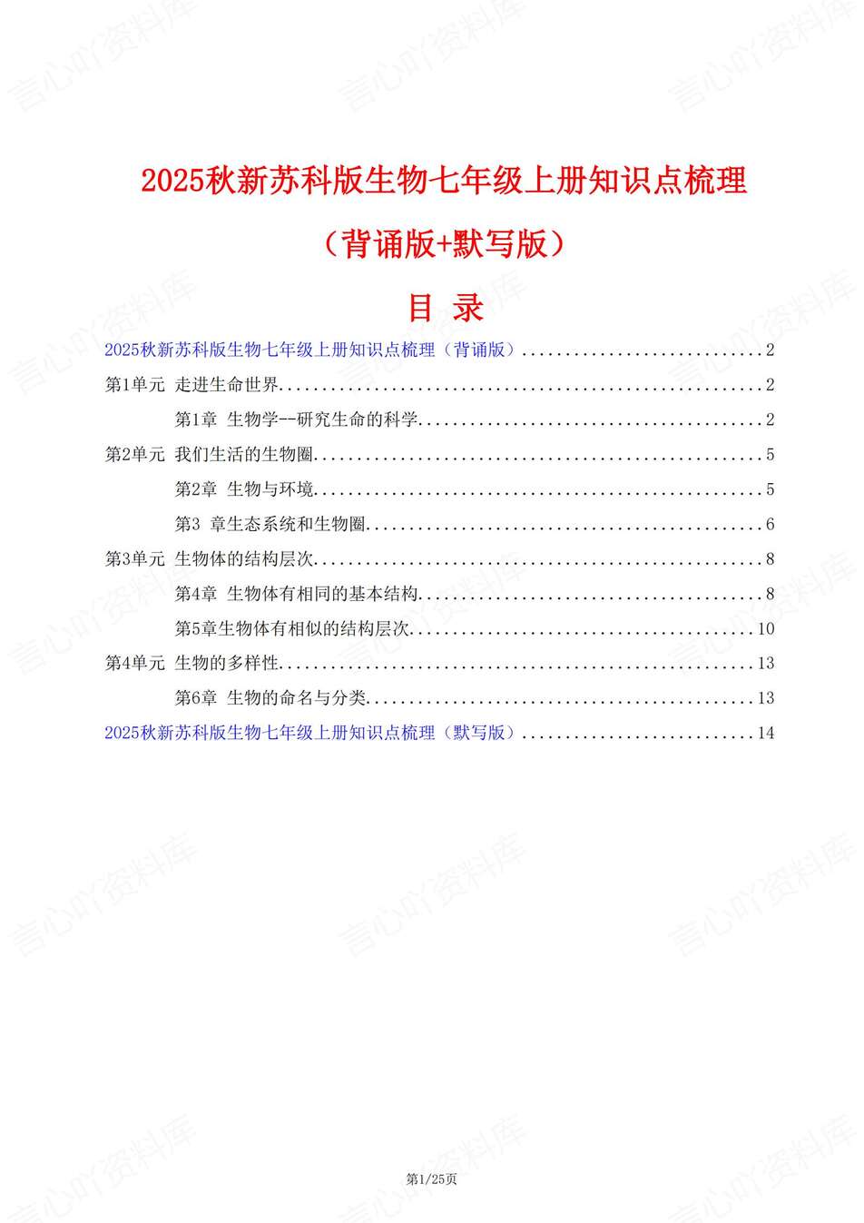 初中生物-七年级上章节知识梳理背记新苏科初一上复习填空背诵-言心吖资料库
