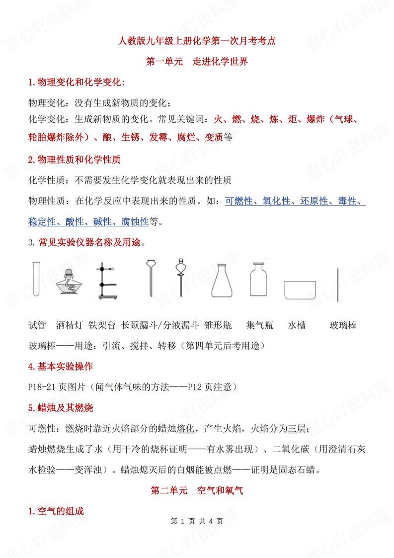 初中化学-九上月考考点知识梳理汇总新人教初三上专项（全） - 言心吖资料库-言心吖资料库