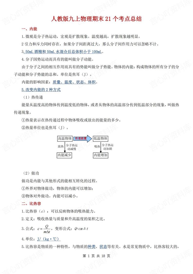 初中物理-九上期末21个考点知识梳理汇总人教版初三上复习-言心吖资料库
