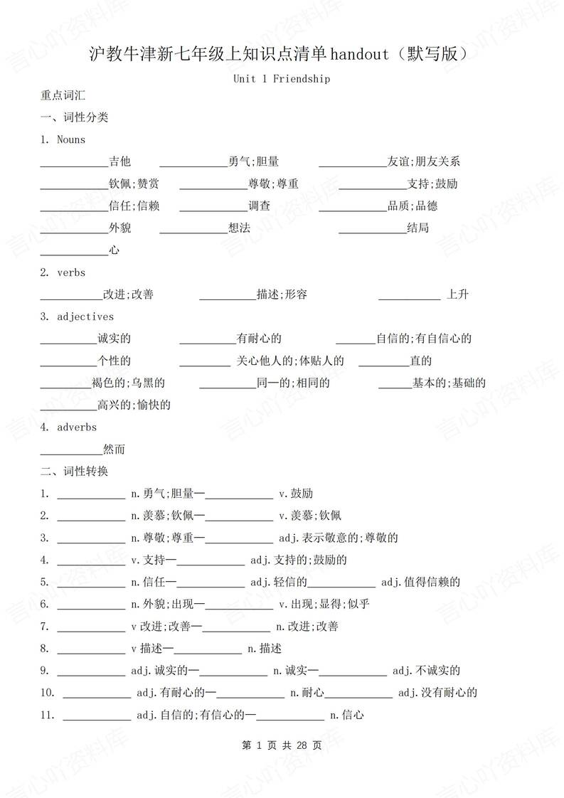 初中英语-七年级上单元重点知识梳理新沪教初一上背诵/默写 - 言心吖资料库-言心吖资料库