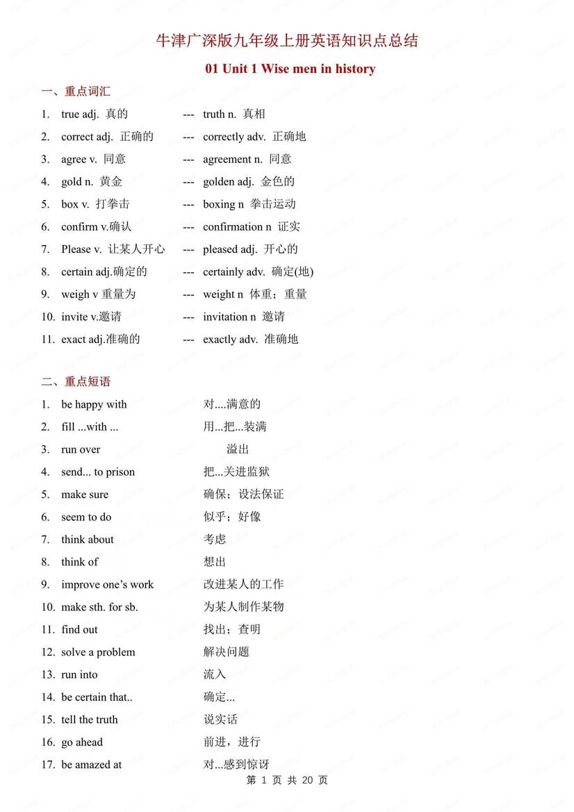 初中英语-九年级上单元重点知识归纳梳理沪教牛津版初三上-言心吖资料库
