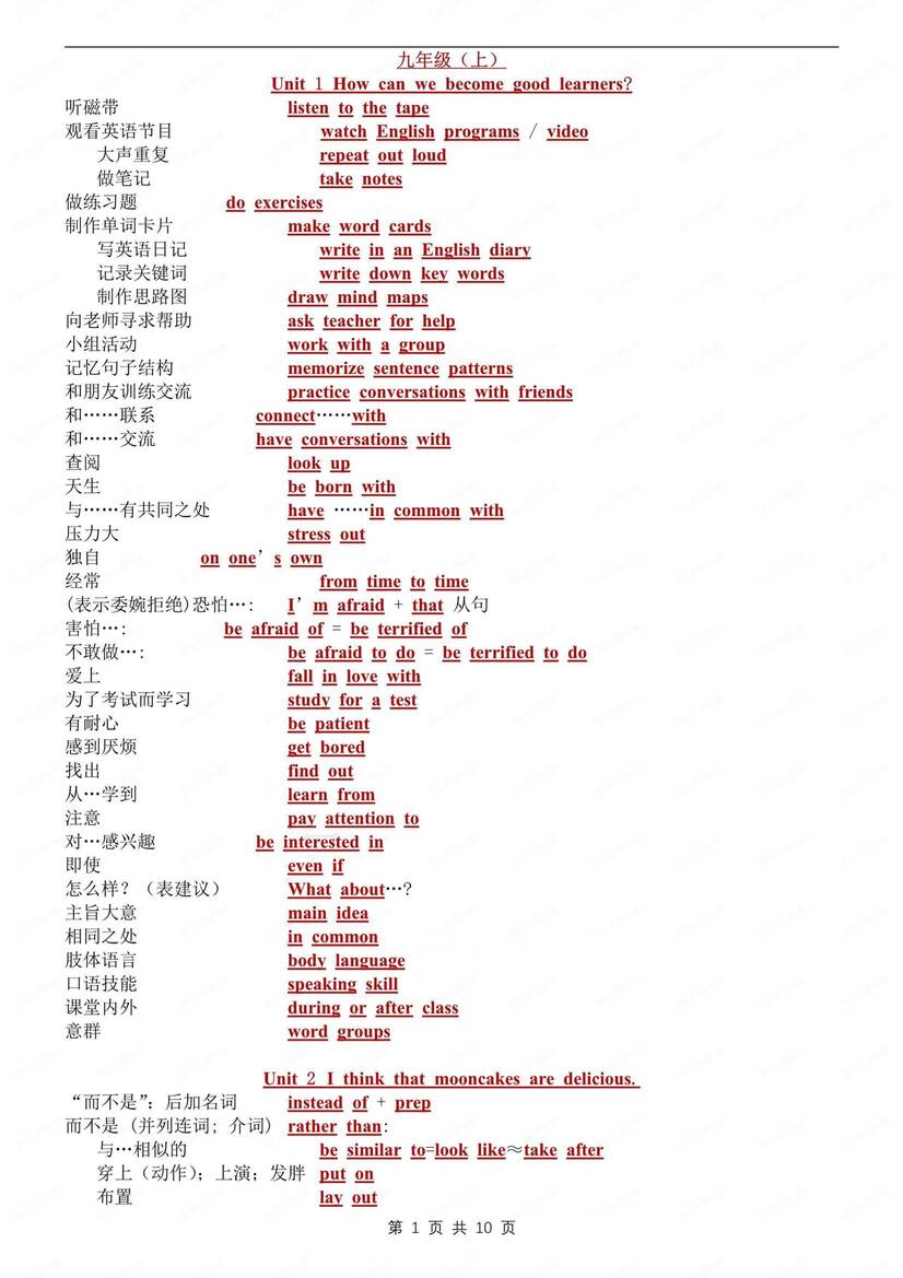 初中英语-九年级全册单元重点短语汇总归纳人教版初三全册默写背诵插图初中英语4