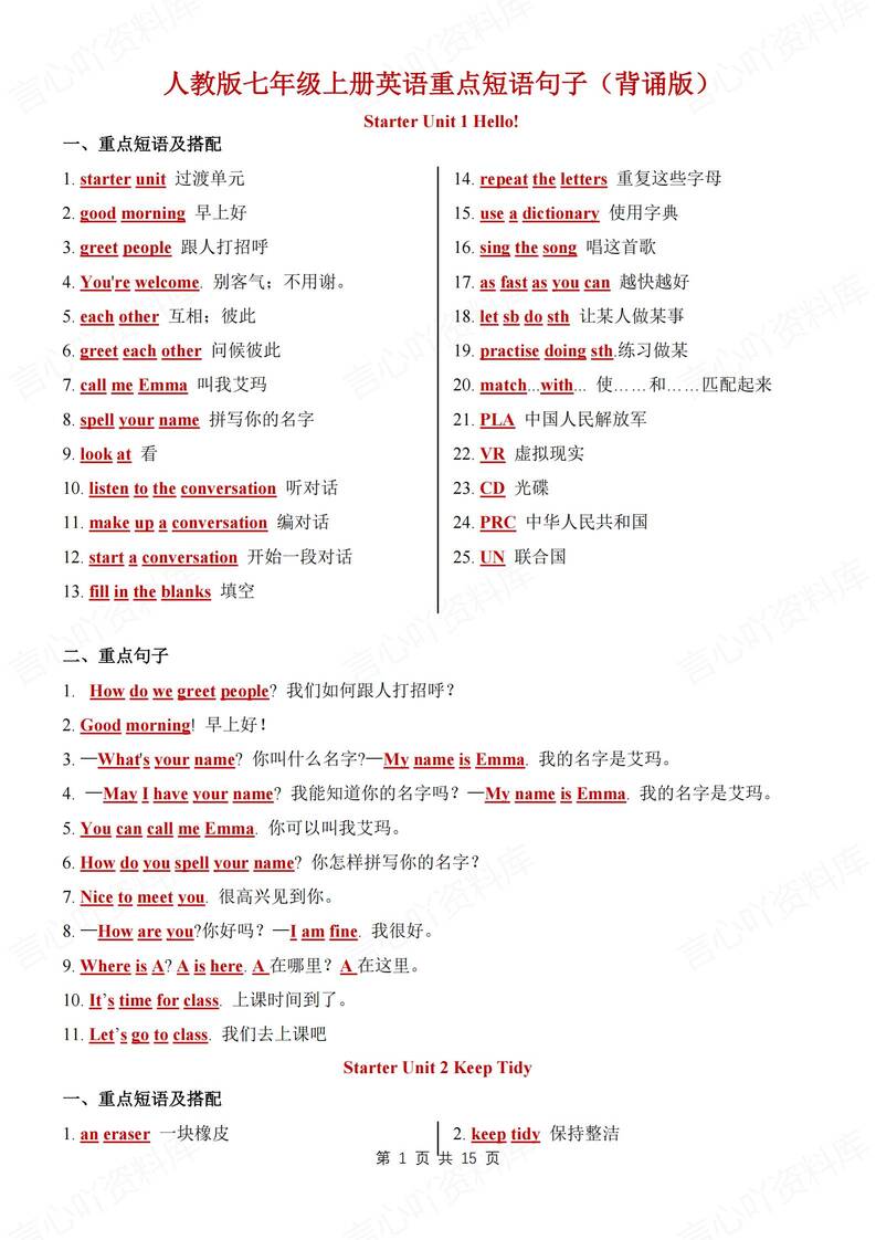 初中英语-七年级上重点短语句子汇总新人教版初一上默写背诵插图初中英语2