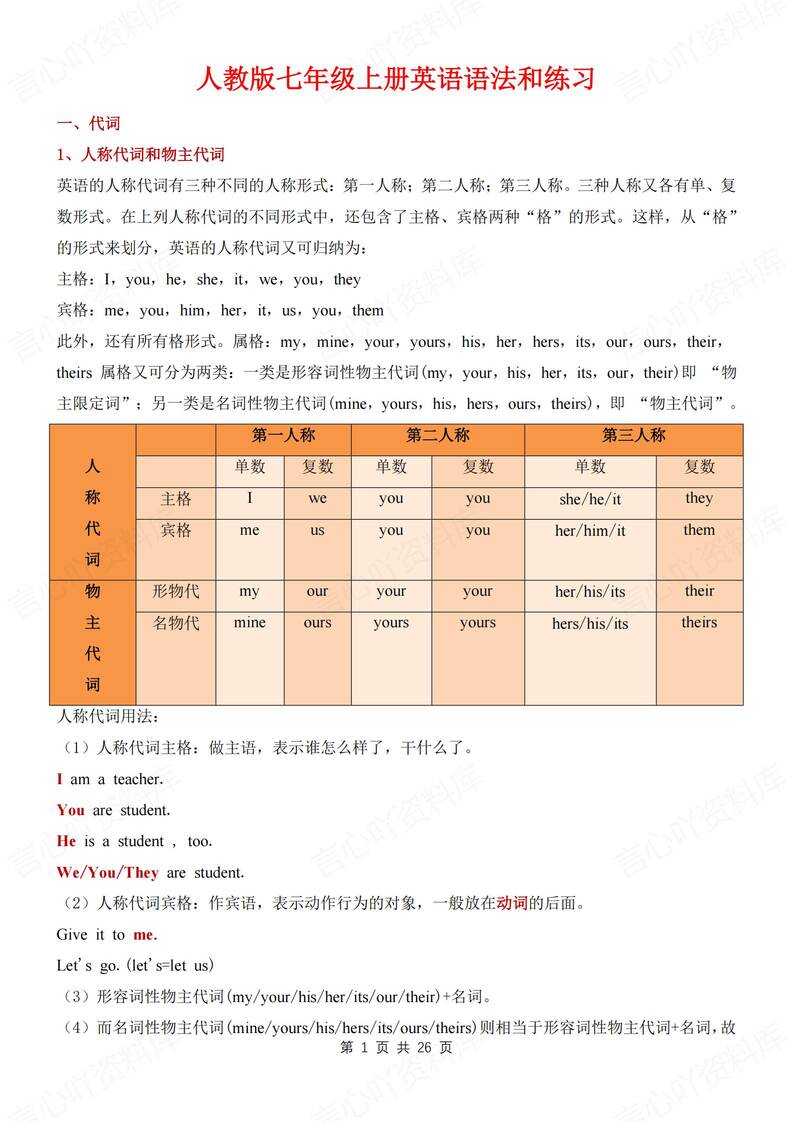 初中英语-七年级上重点语法知识梳理练习新人教版初一上（全）-言心吖资料库