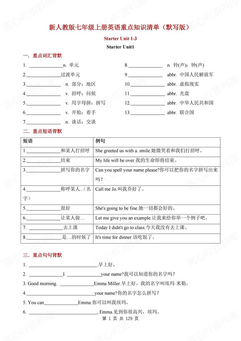 初中英语-七上重点单元重点知识清单汇总新人教版初一上背诵/默写-言心吖资料库