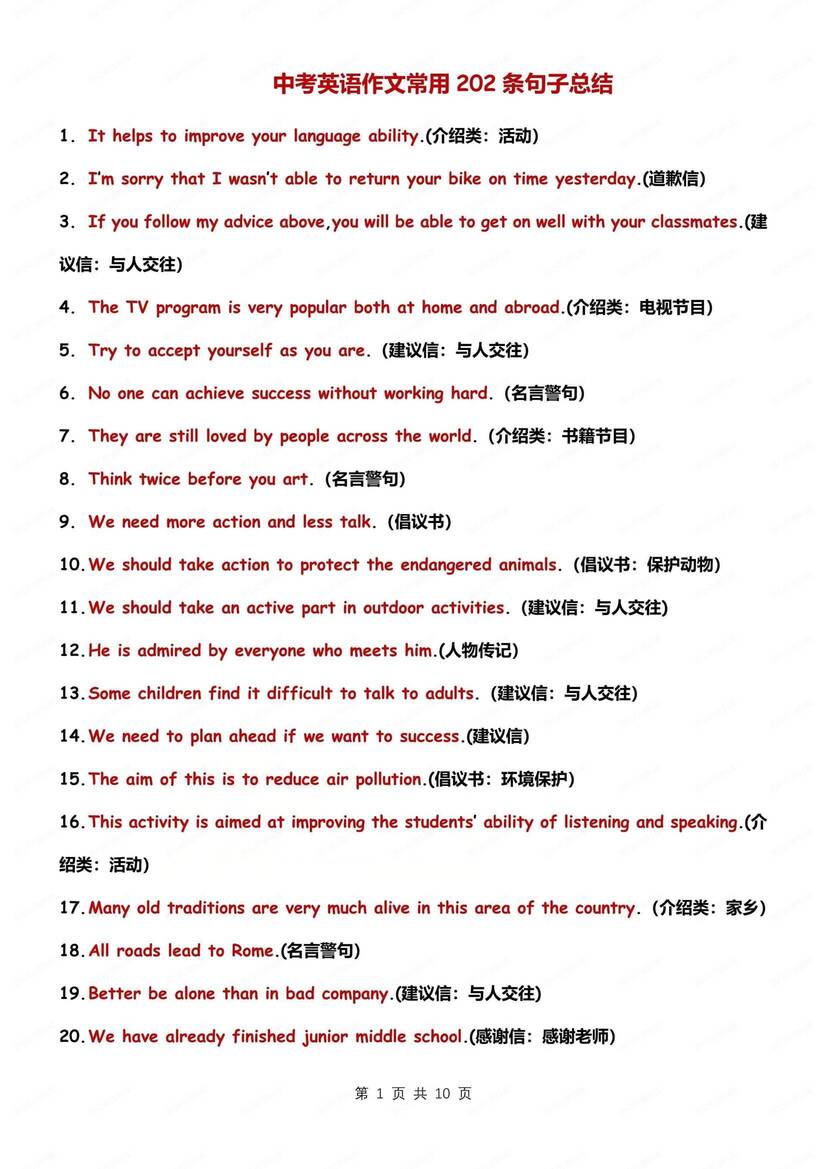 初中英语-中考作文202条写作常用句子总结中考英语专项归纳（全） - 言心吖资料库-言心吖资料库