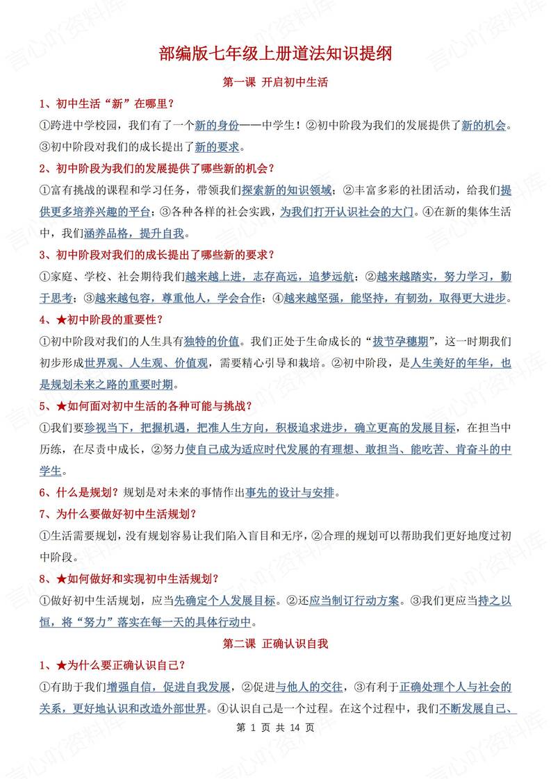 初中道法-七年级上知识提纲背记汇总新部编初一上复习填空背诵-言心吖资料库