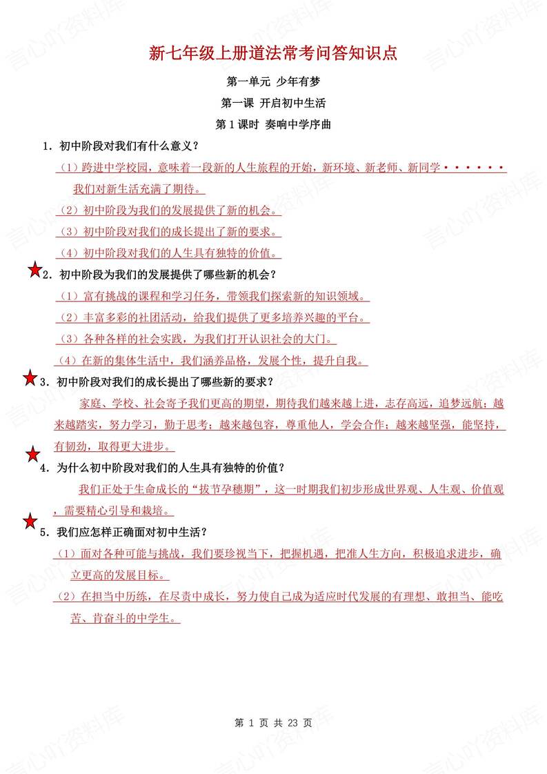 初中道法-七年级上常考问答式知识总结新部编初一上专项-言心吖资料库