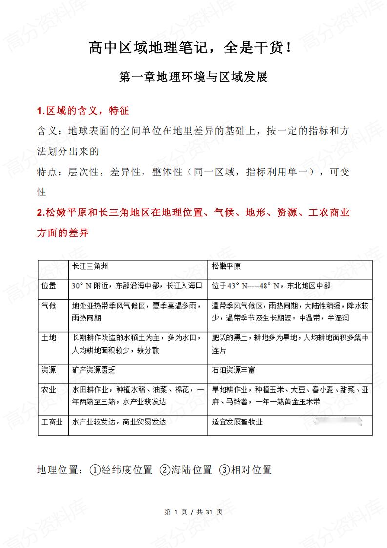 高中地理 | 区域地理专题知识笔记归纳总结-言心吖资料库