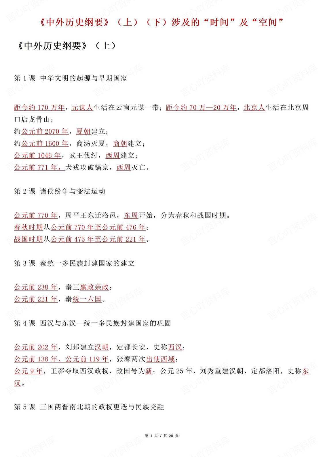 高中历史 | 必修中外纲要上下时间空间知识-言心吖资料库