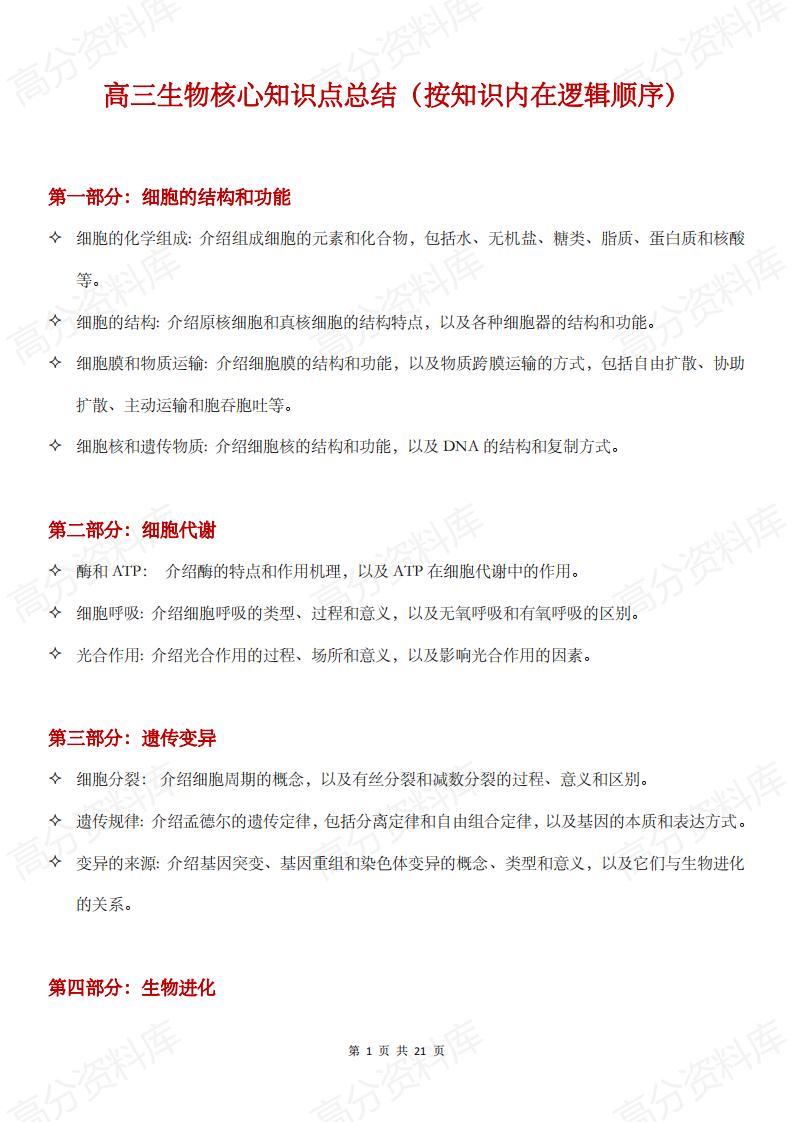 高中生物 | 精简版高三全册知识逻辑梳理-言心吖资料库