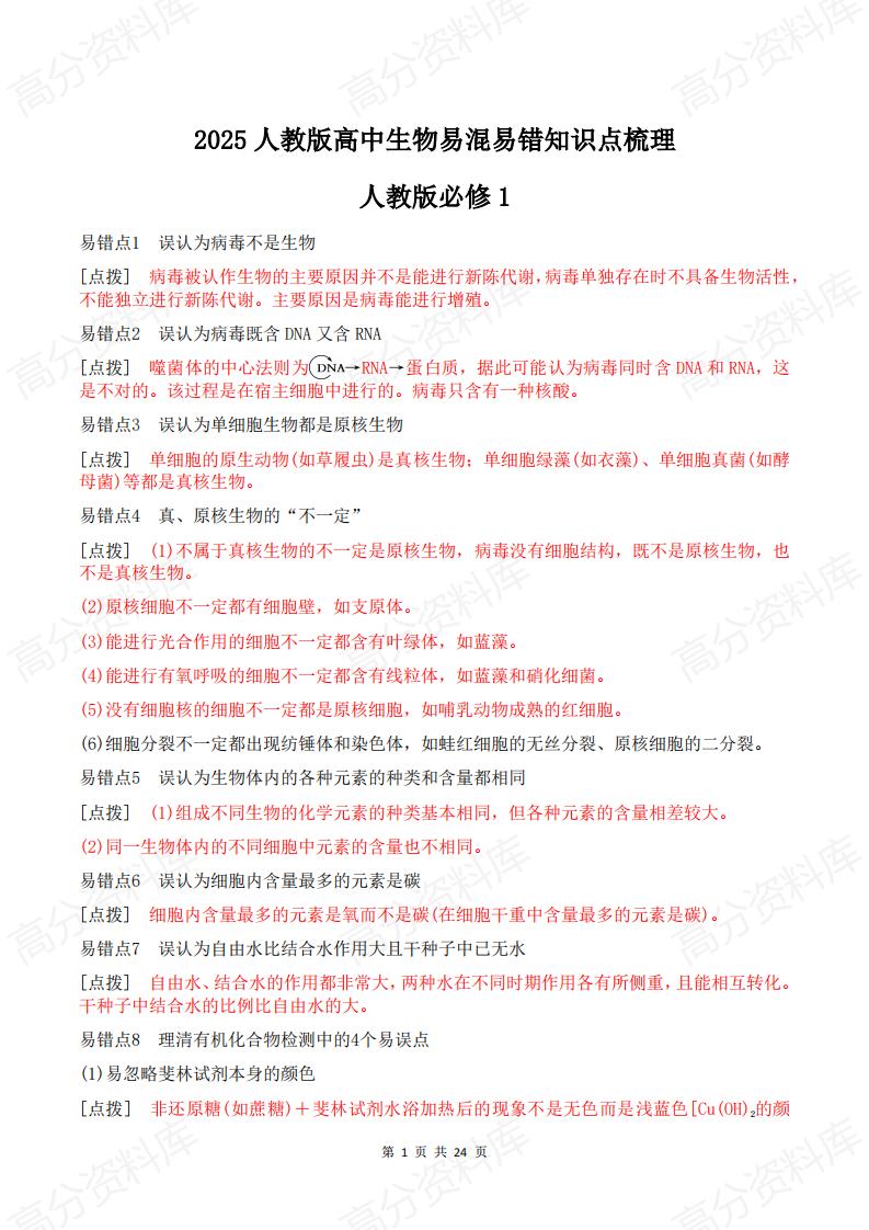 高中生物 | 必修选修易错易混知识点汇总梳理-言心吖资料库