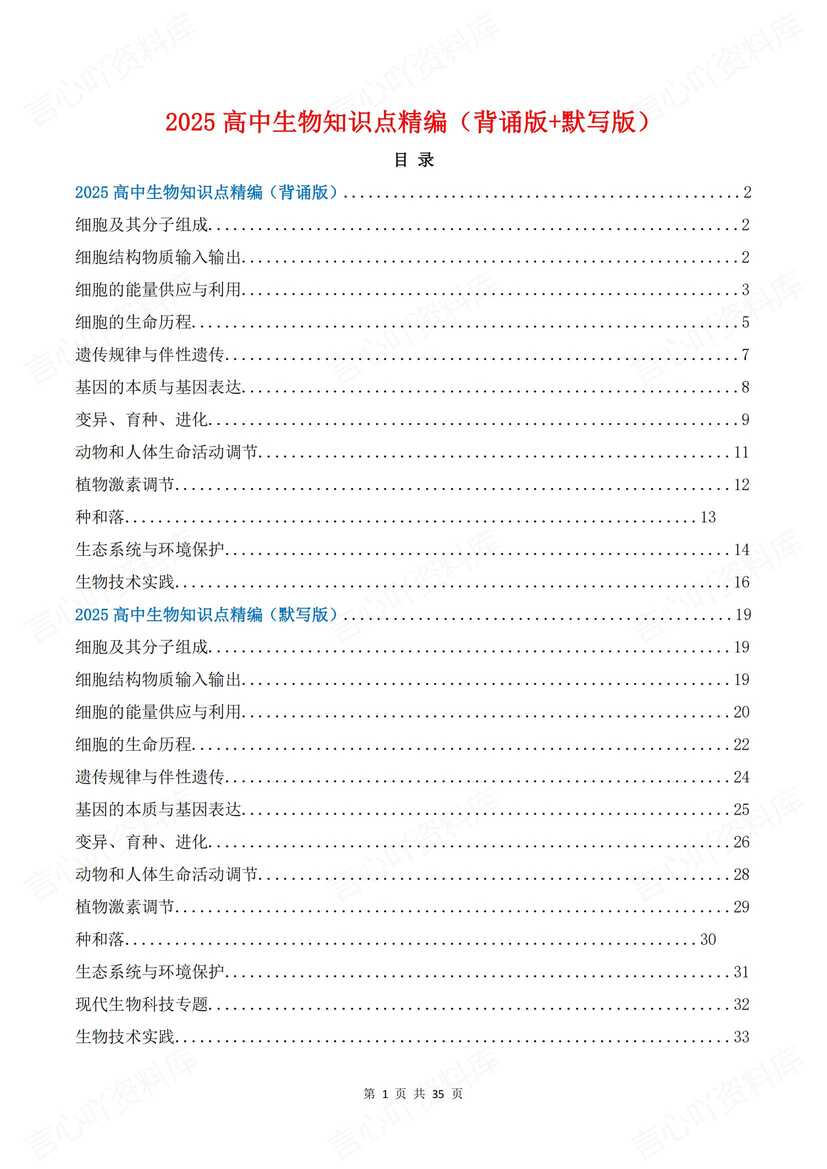 高中生物 | 12专题五册精编知识背默清单-言心吖资料库