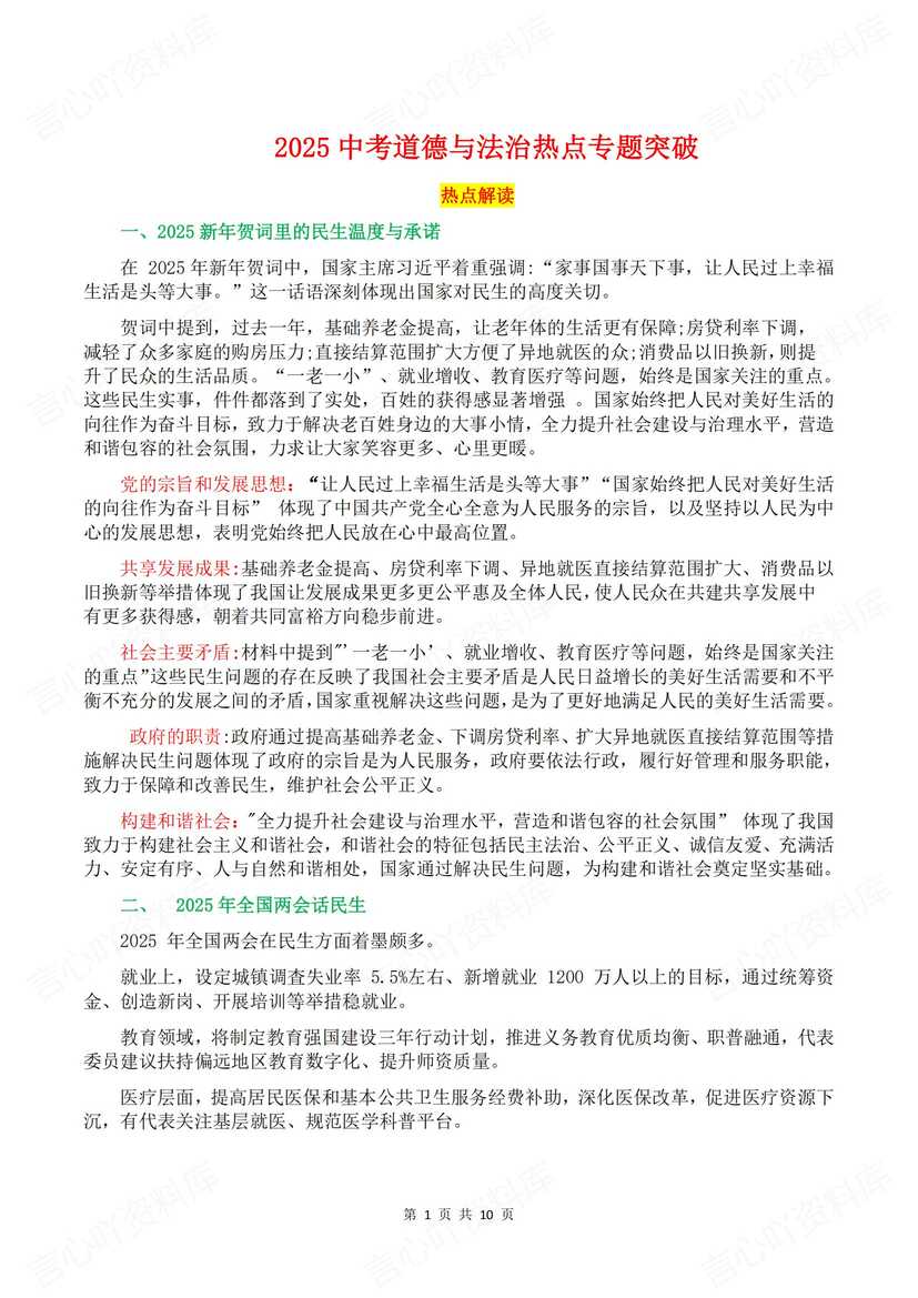 初中道法-2025中考热点专题解读突破训练-言心吖资料库