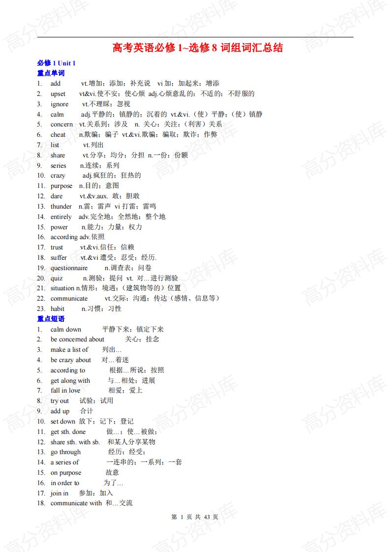 高中英语-人教版高考英语必修1-选修8词组词汇总结-言心吖资料库