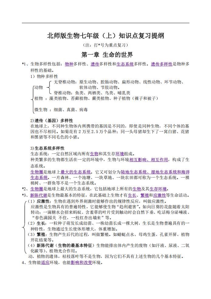 初中生物-北师版生物七年级上知识点复习提纲16页-言心吖资料库
