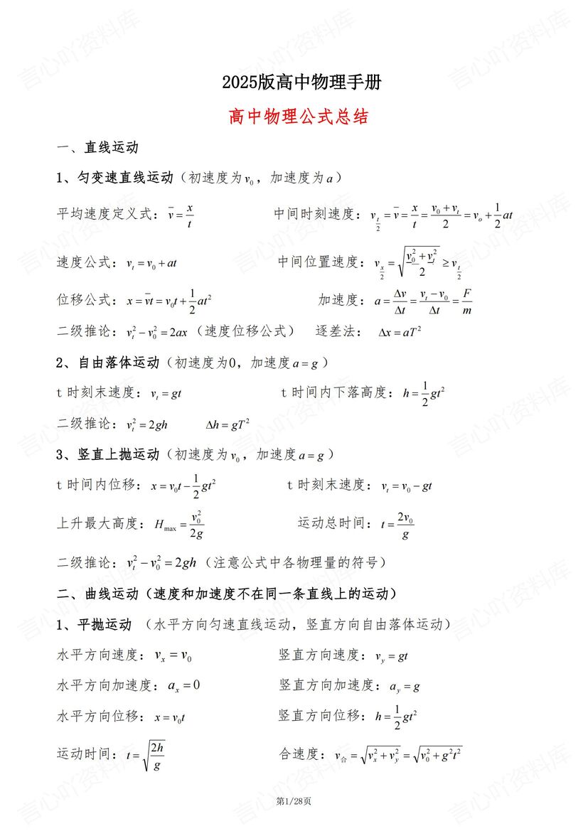 高中物理-2025物理常用公式/物理常数/单位换算/临界条件/隐含条件/习题定理/二级结论-言心吖资料库