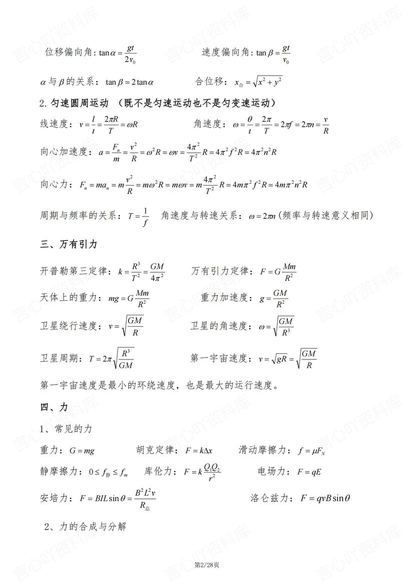 高中物理-2025物理常用公式/物理常数/单位换算/临界条件/隐含条件/习题定理/二级结论插图高中物理1