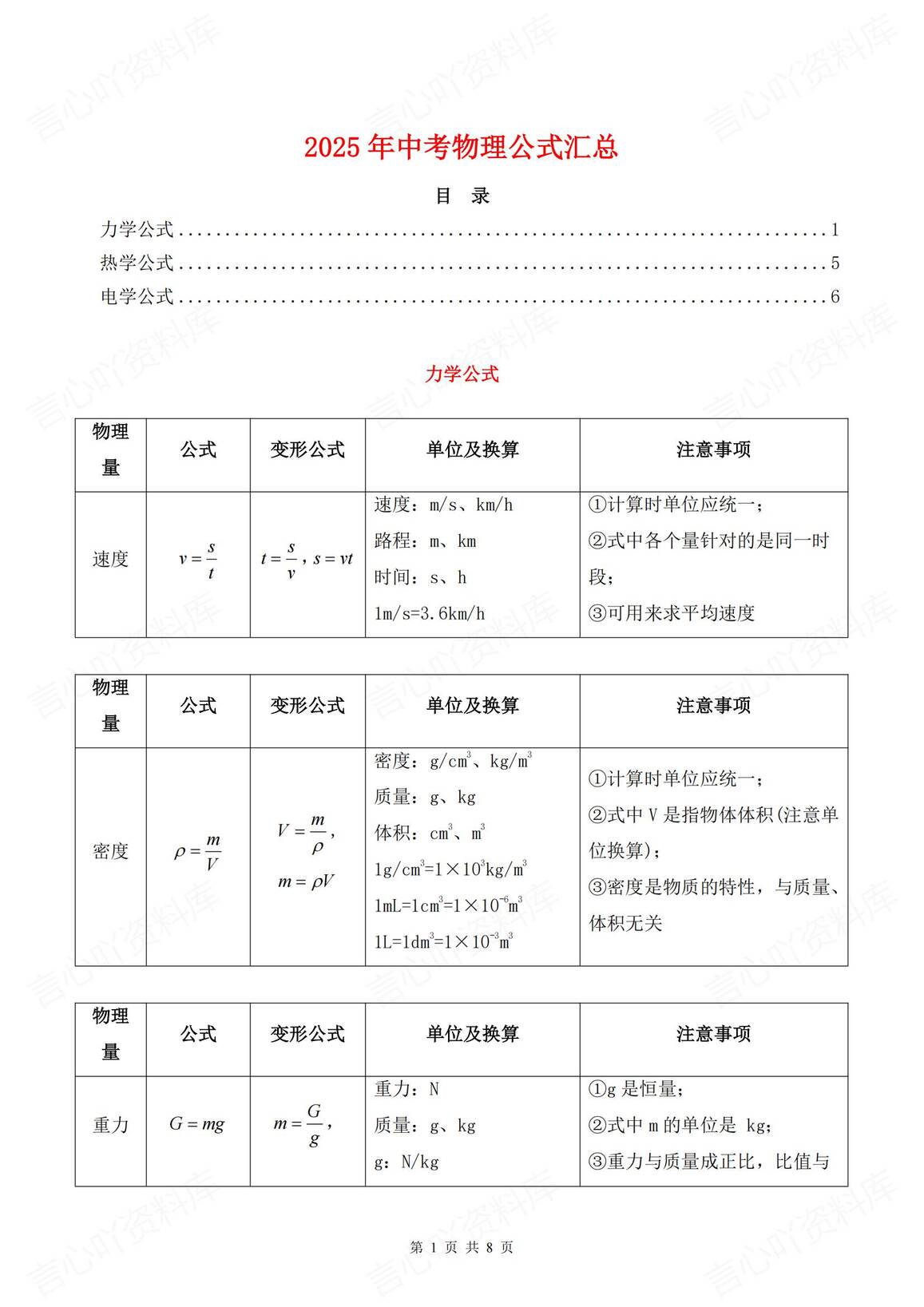 初中物理-2025中考物理公式汇总（热学力学电学）-言心吖资料库