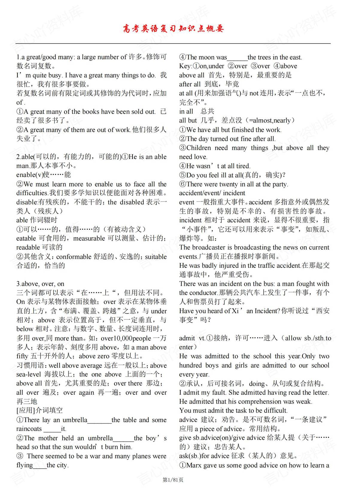 高中英语-高考复习知识点概要-言心吖资料库