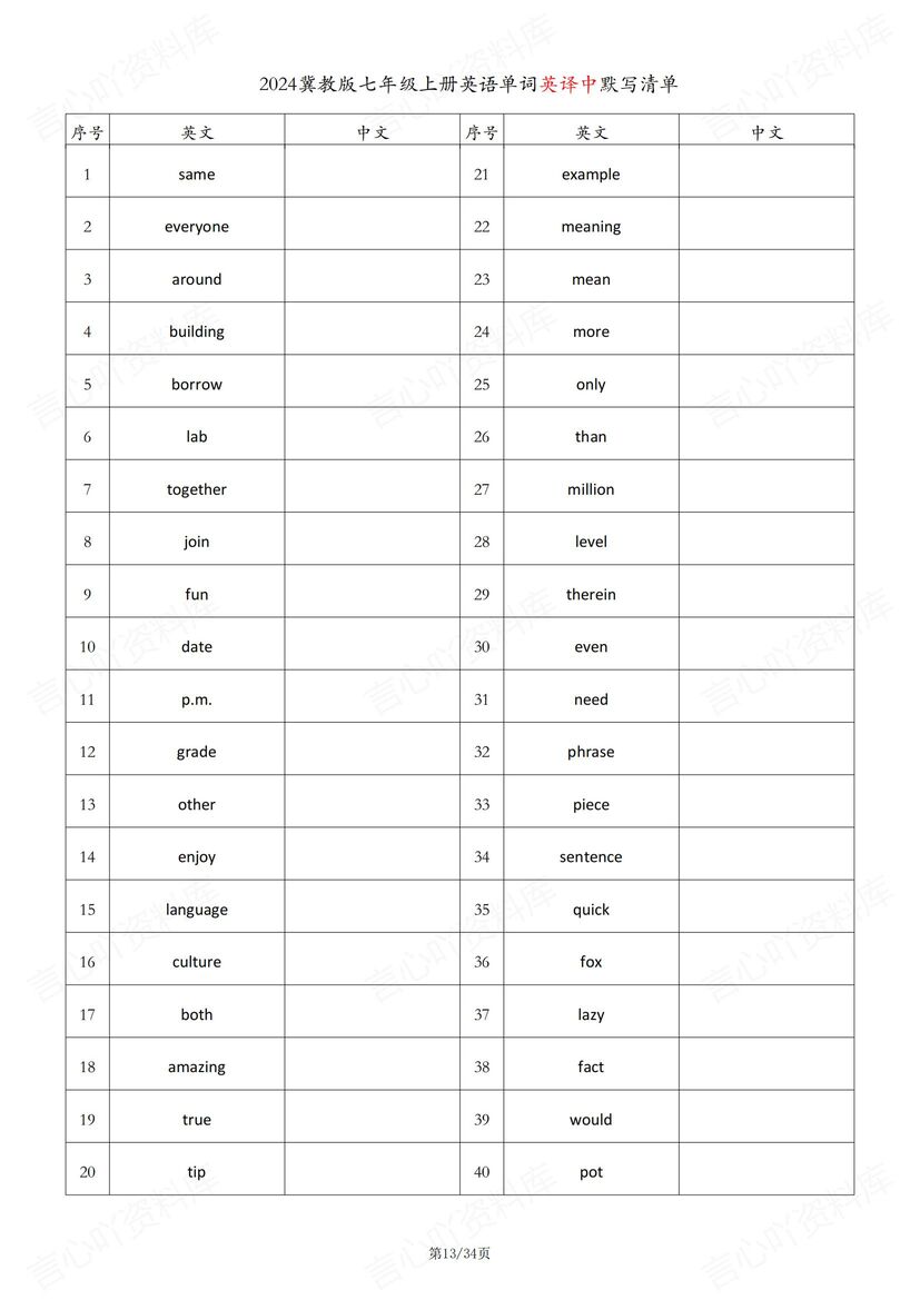 初中英语-2024新教材冀教版七年级上册英语单词表（背诵版+中英互译默写）插图初中英语3