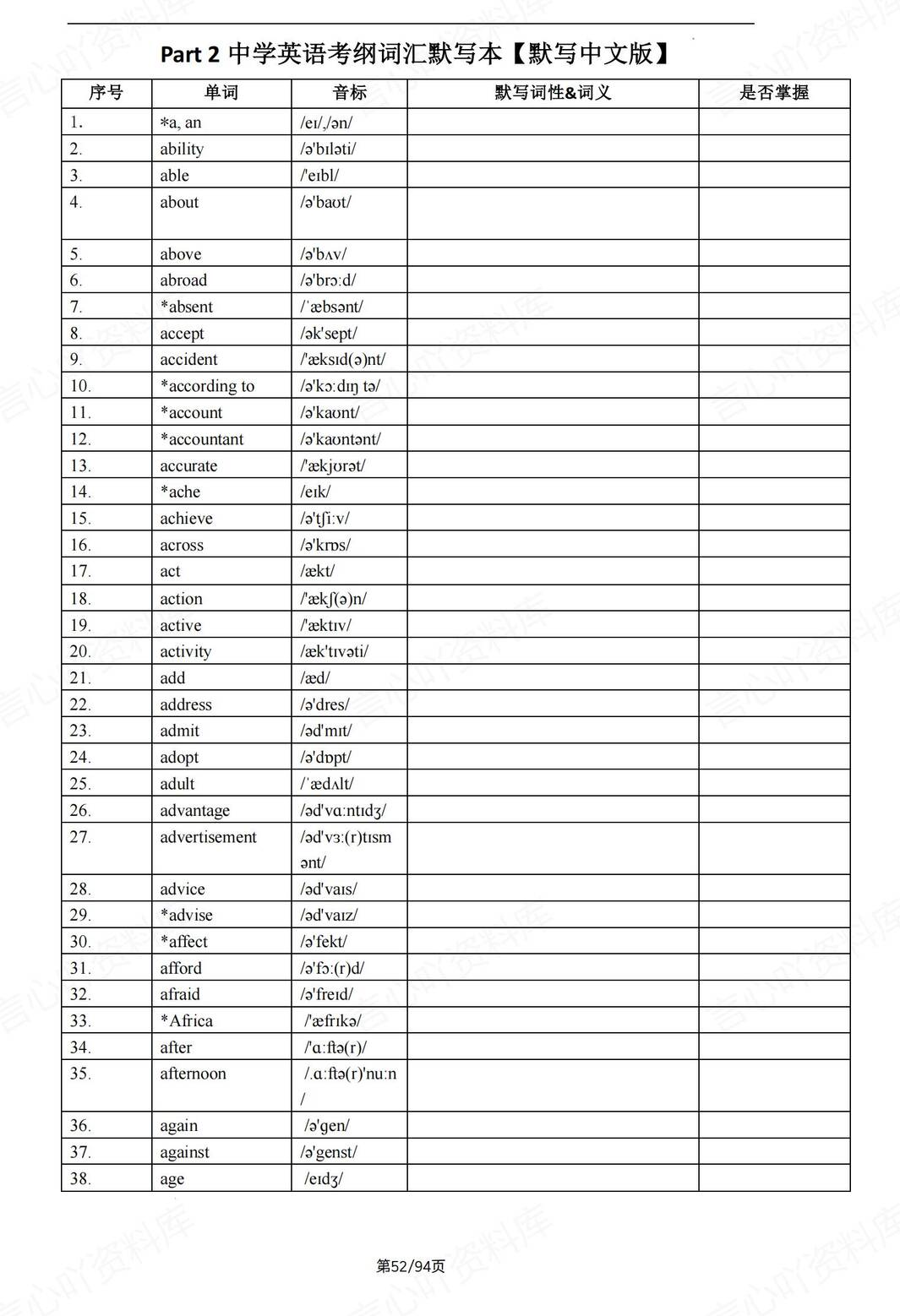 初中英语-2025新中考词汇中英互译默写（1800词）插图初中英语5