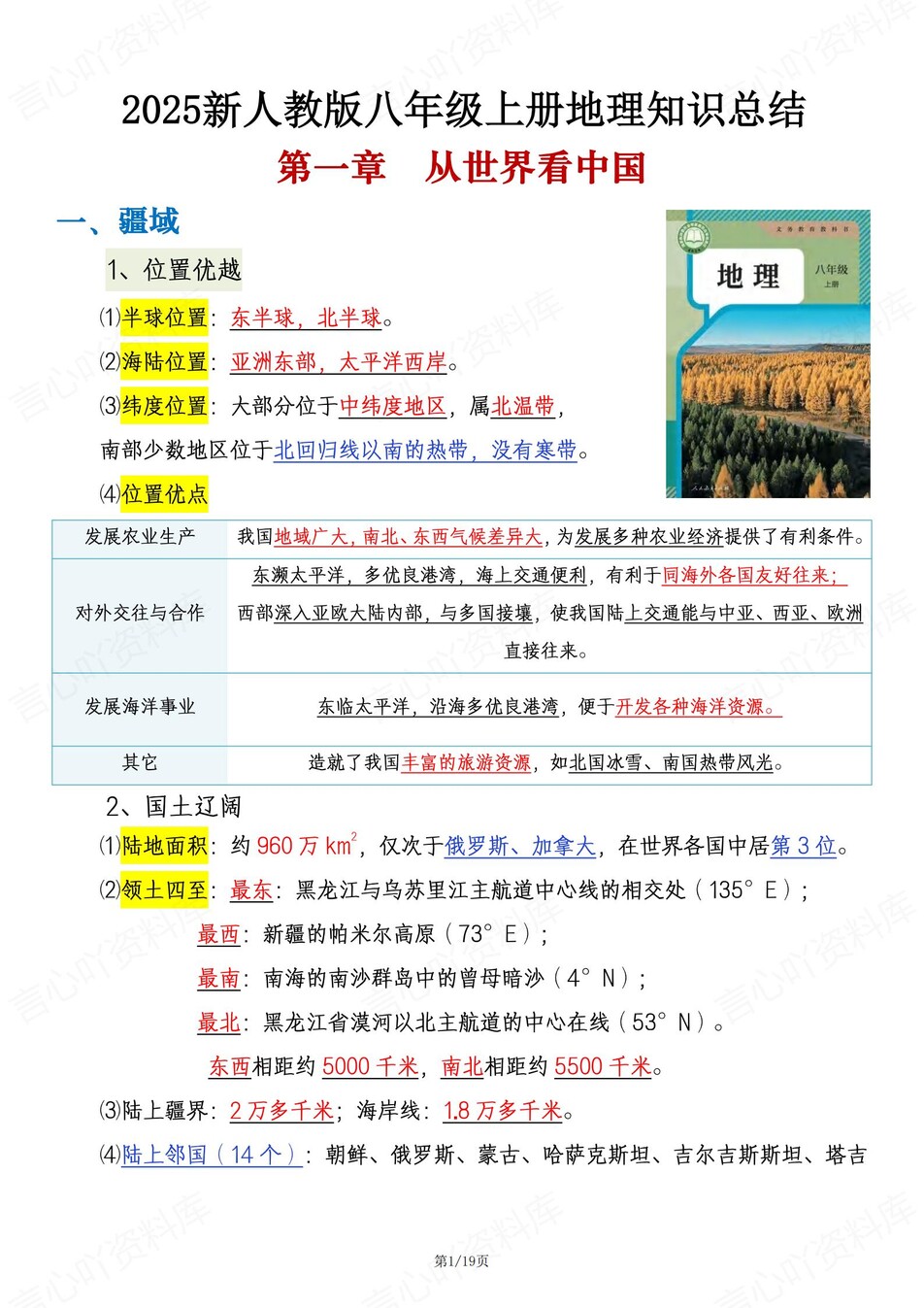 初中地理-八年级上章节知识点总结归纳-言心吖资料库