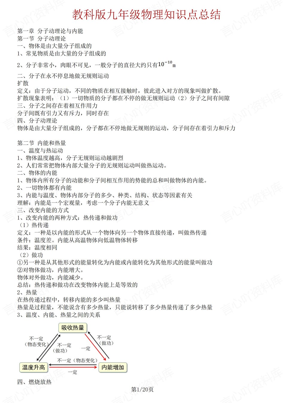 初中物理-九年级上章节知识点归纳梳理新教科初三专项-言心吖资料库