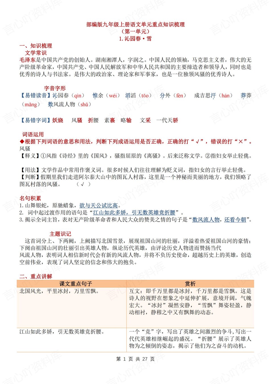 初中语文-九年级上逐单元重要知识总结归纳部编初三上册复习-言心吖资料库
