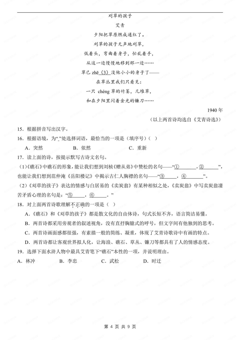 初中语文-九年级上名著专题训练检测初三上《艾青诗选》专项（全）插图初中语文3