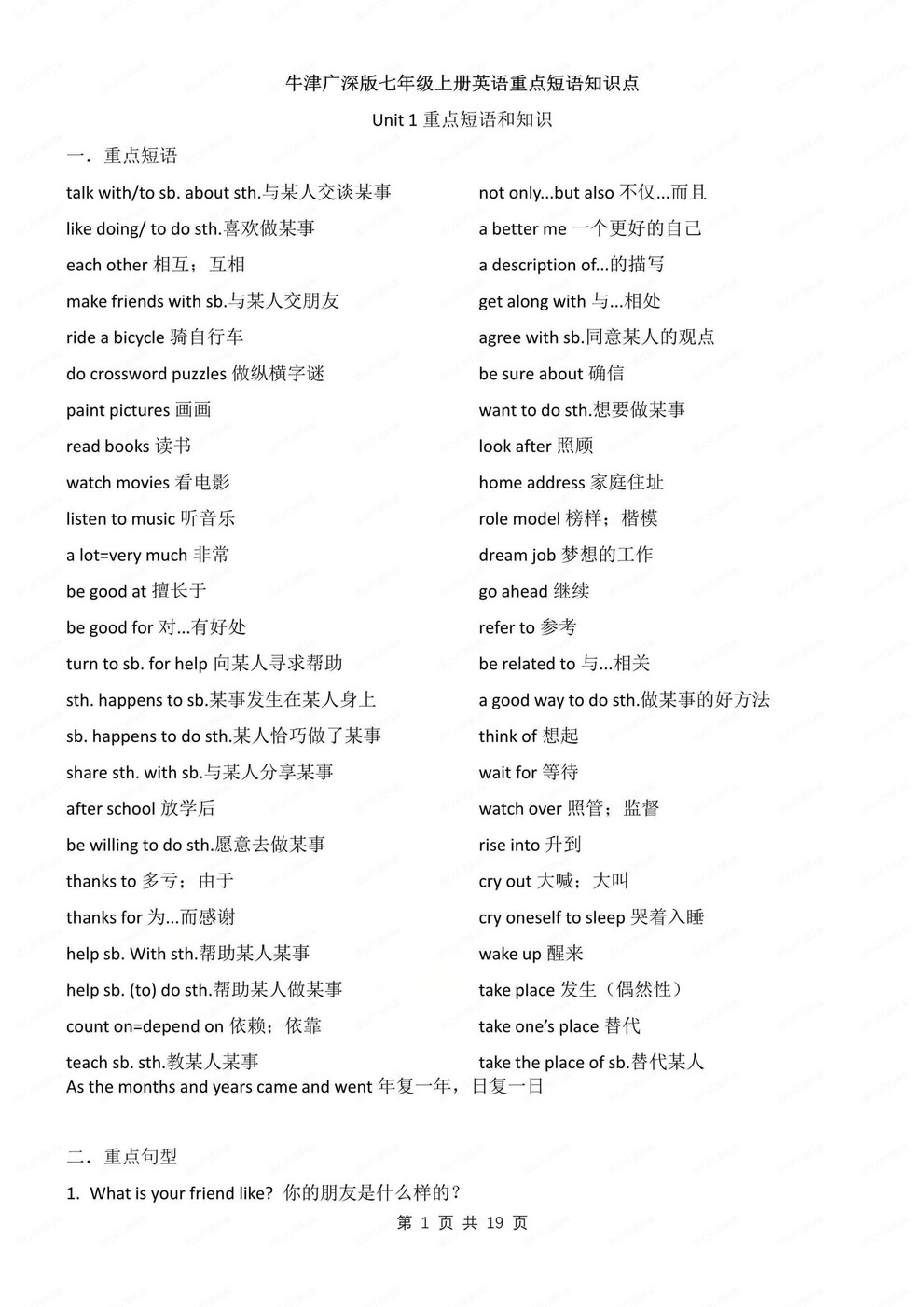 初中英语-七年级上重点短语梳理归纳新沪教牛津初一上-言心吖资料库