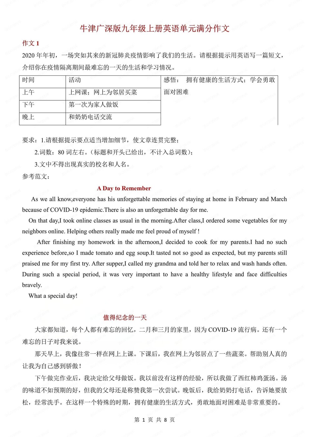 初中英语-九上作文单元满分作文写作专项沪教牛津初三上（全）-言心吖资料库