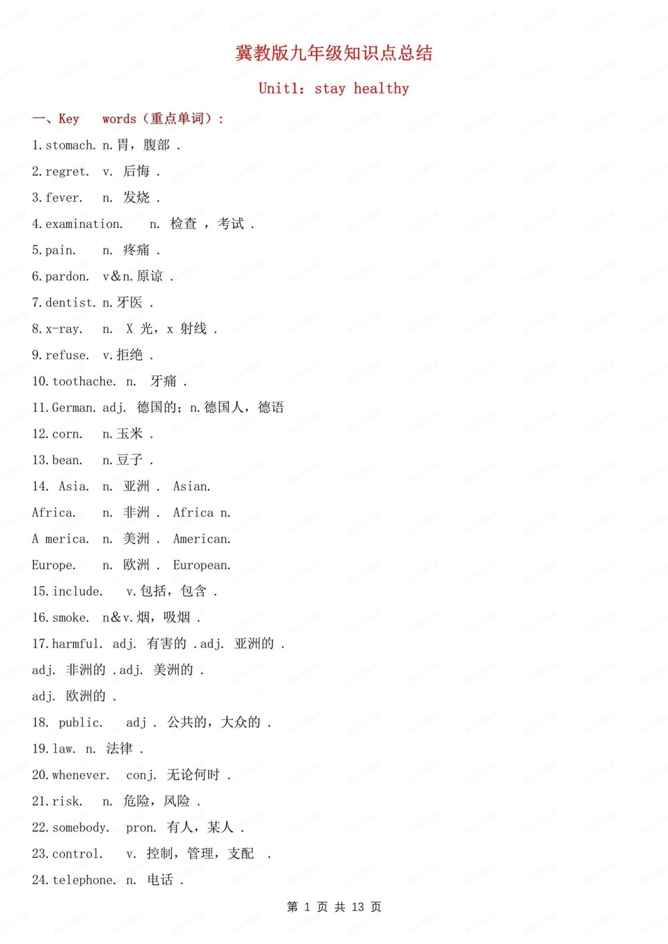 初中英语-九年级上单元知识归纳梳理冀教版初三上-言心吖资料库