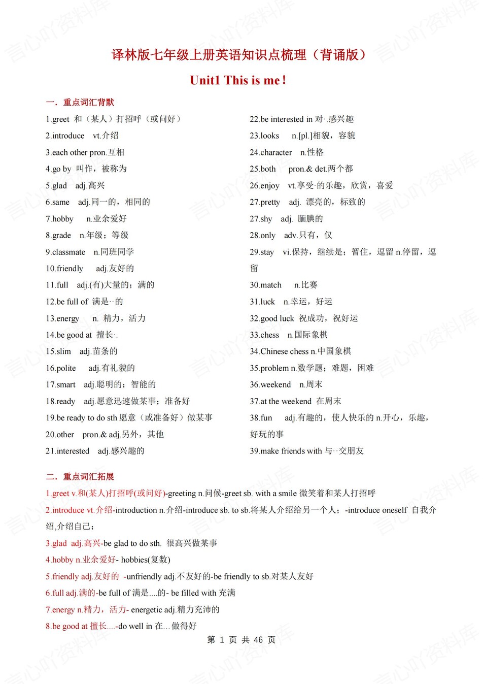 初中英语-七年级上单元重点知识梳理新译林初一上背诵/默写插图初中英语2