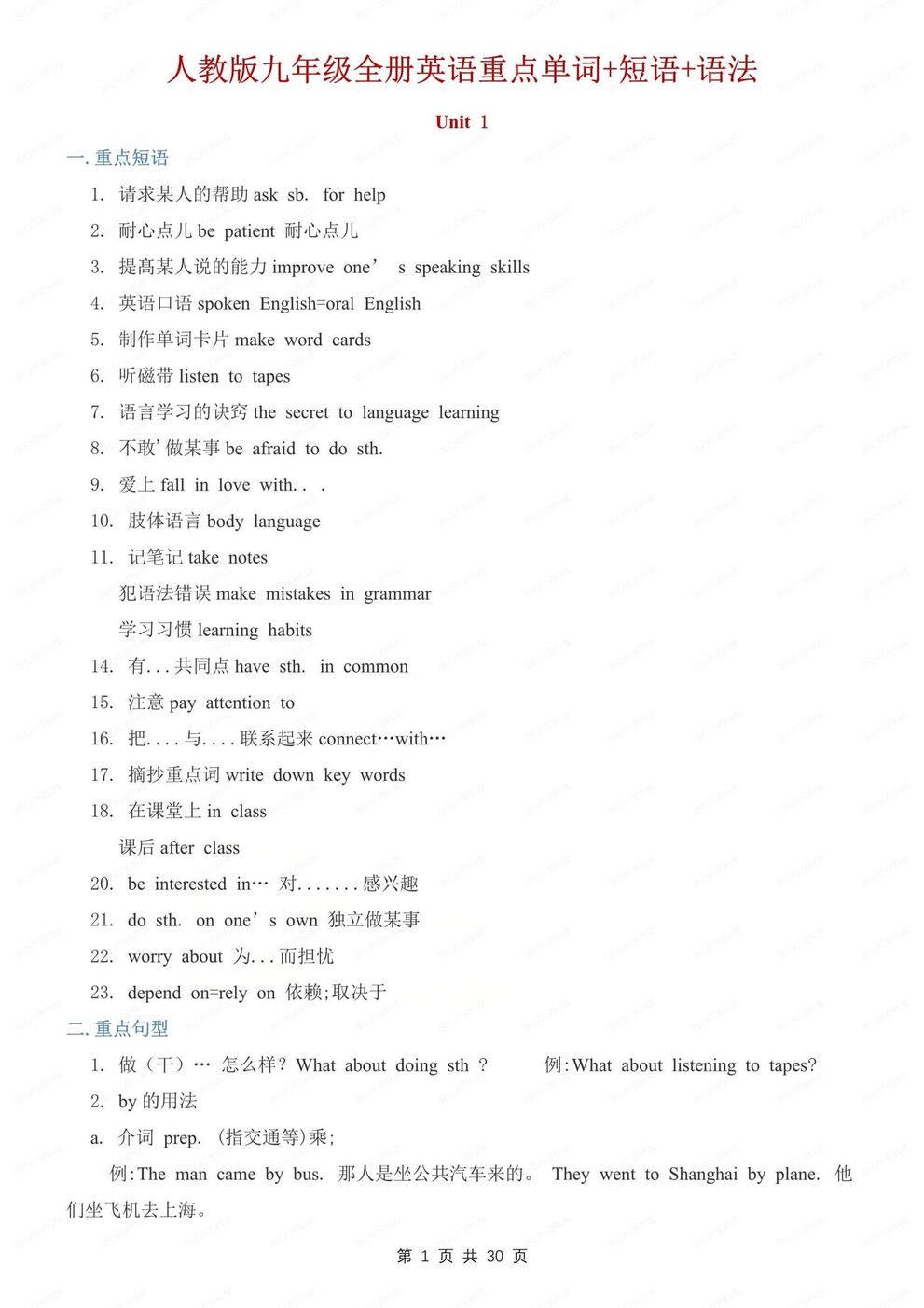 初中英语-九年级全册单词/短语/语法汇总人教版初三全册-言心吖资料库