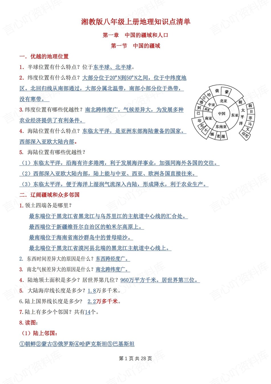 初中地理-八年级上章节知识点汇总归纳新湘教初二上-言心吖资料库