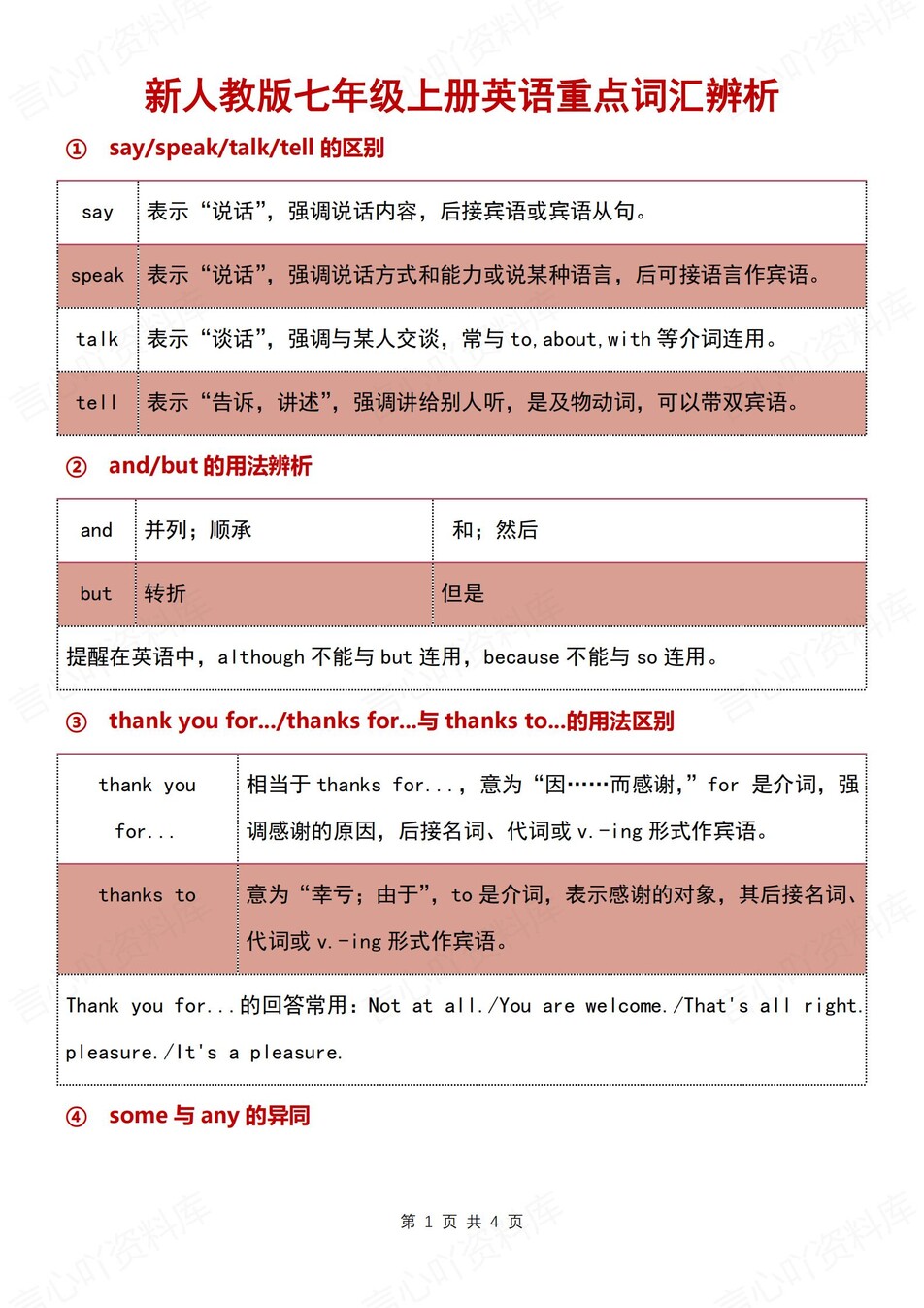 初中英语-七年级上单元重点词汇辨析汇总新人教版初一上（全）-言心吖资料库