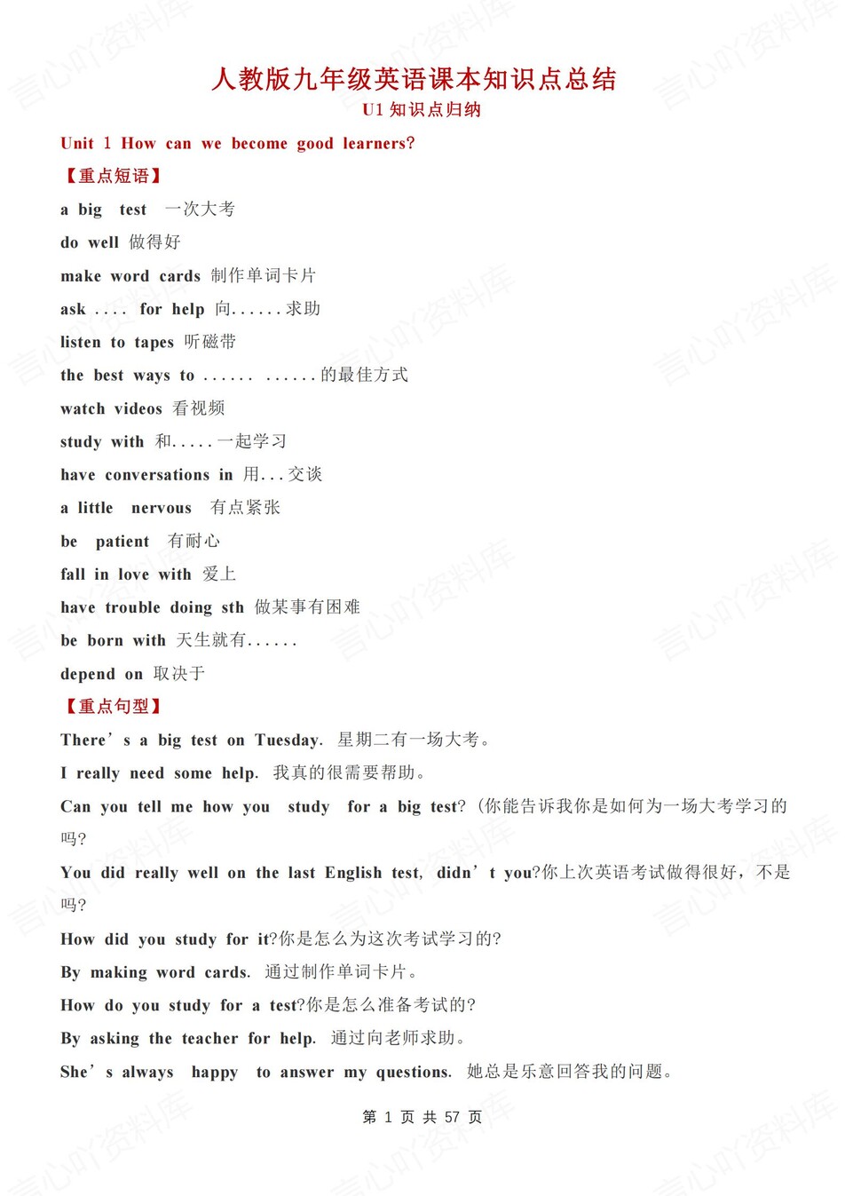 初中英语-九年级全册单元知识清单归纳梳理人教版初三上下-言心吖资料库