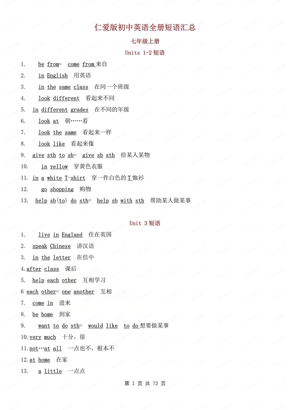 初中英语-7-9年级重点短语归纳梳理仁爱版初中全册-言心吖资料库