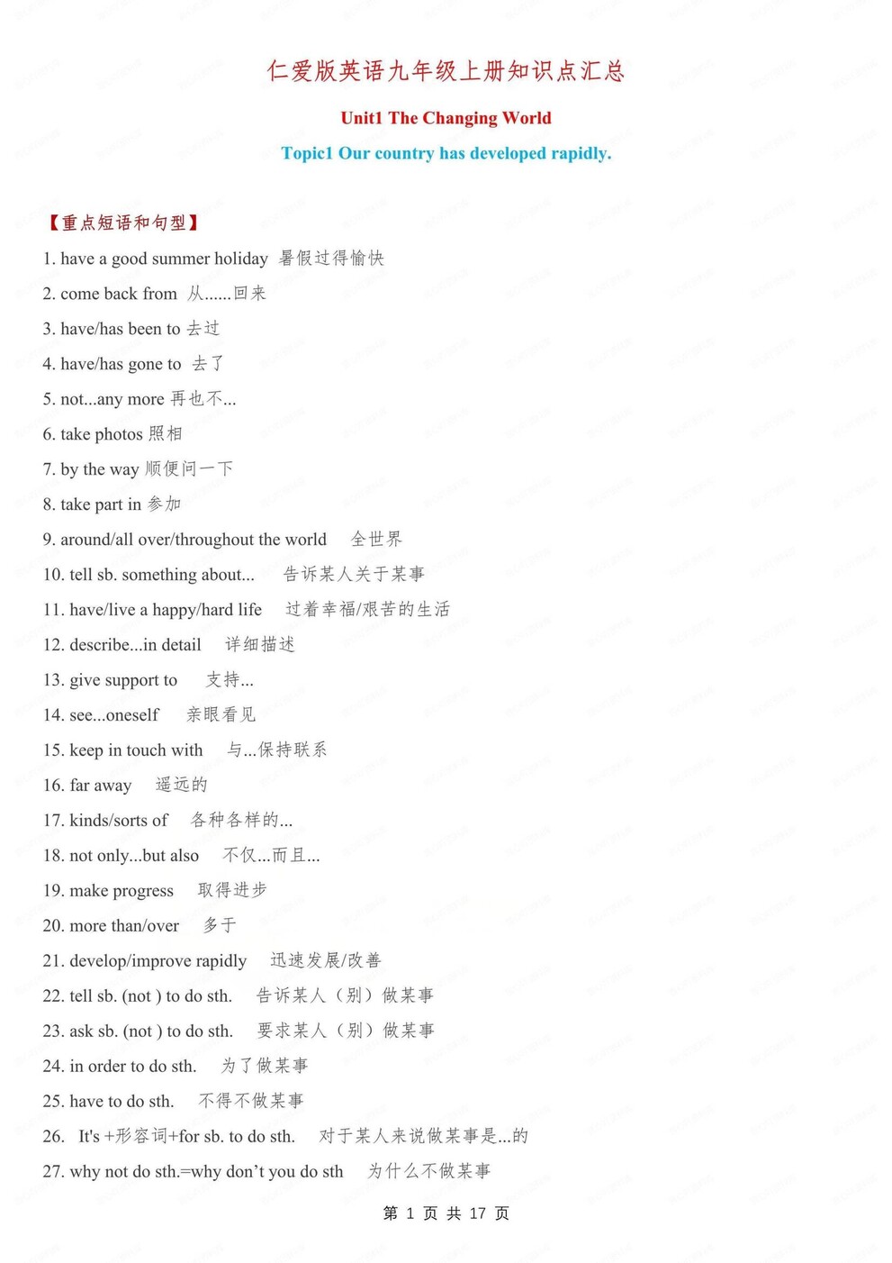 初中英语-九年级上单元重点知识梳理总结仁爱初三上专项复习-言心吖资料库