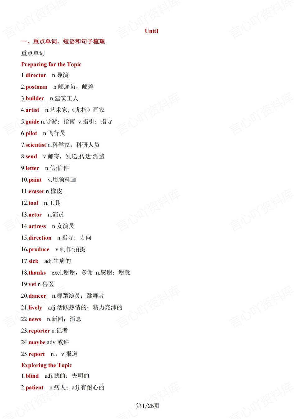 初中英语-八年级上U1-3单元知识梳理新仁爱版初二上专项-言心吖资料库