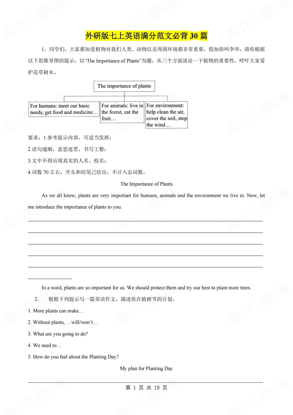 初中英语-七年级上30篇作文练习范文新外研版初一上专项含解析-言心吖资料库