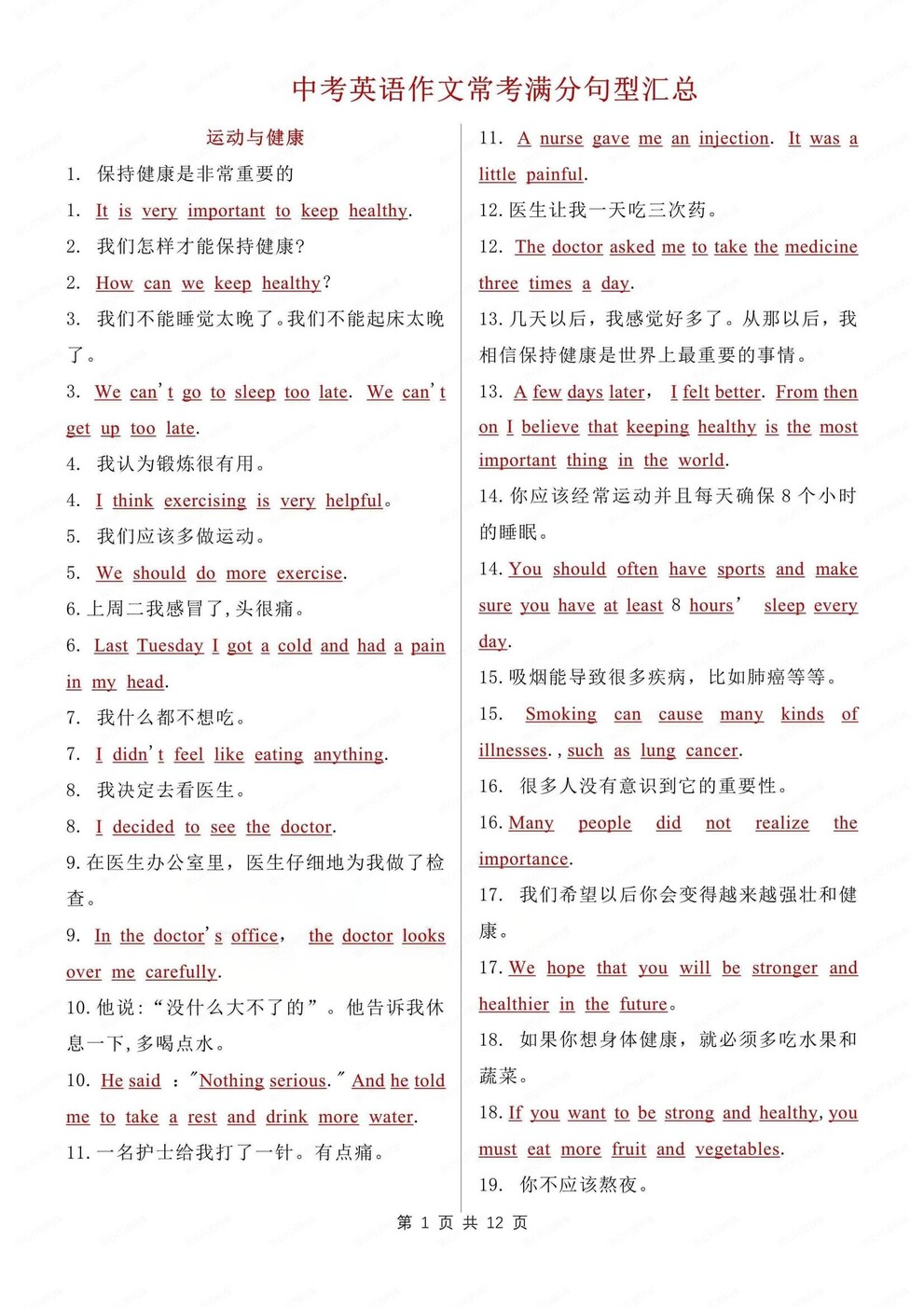 初中英语-中考写作常考常见满分作文句型中考英语专项复习-言心吖资料库