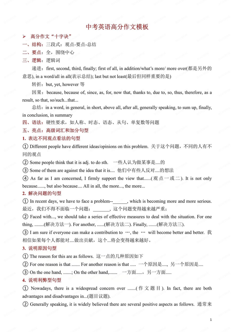 初中英语-中考写作通用版万能作文模板中考英语专项归纳（全）-言心吖资料库