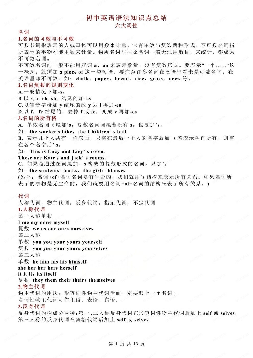 初中英语-语法知识词性/时态/从句/句型语法专项复习-言心吖资料库