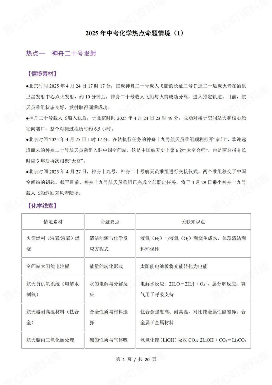初中化学-2025中考热点命题情景测试题-言心吖资料库