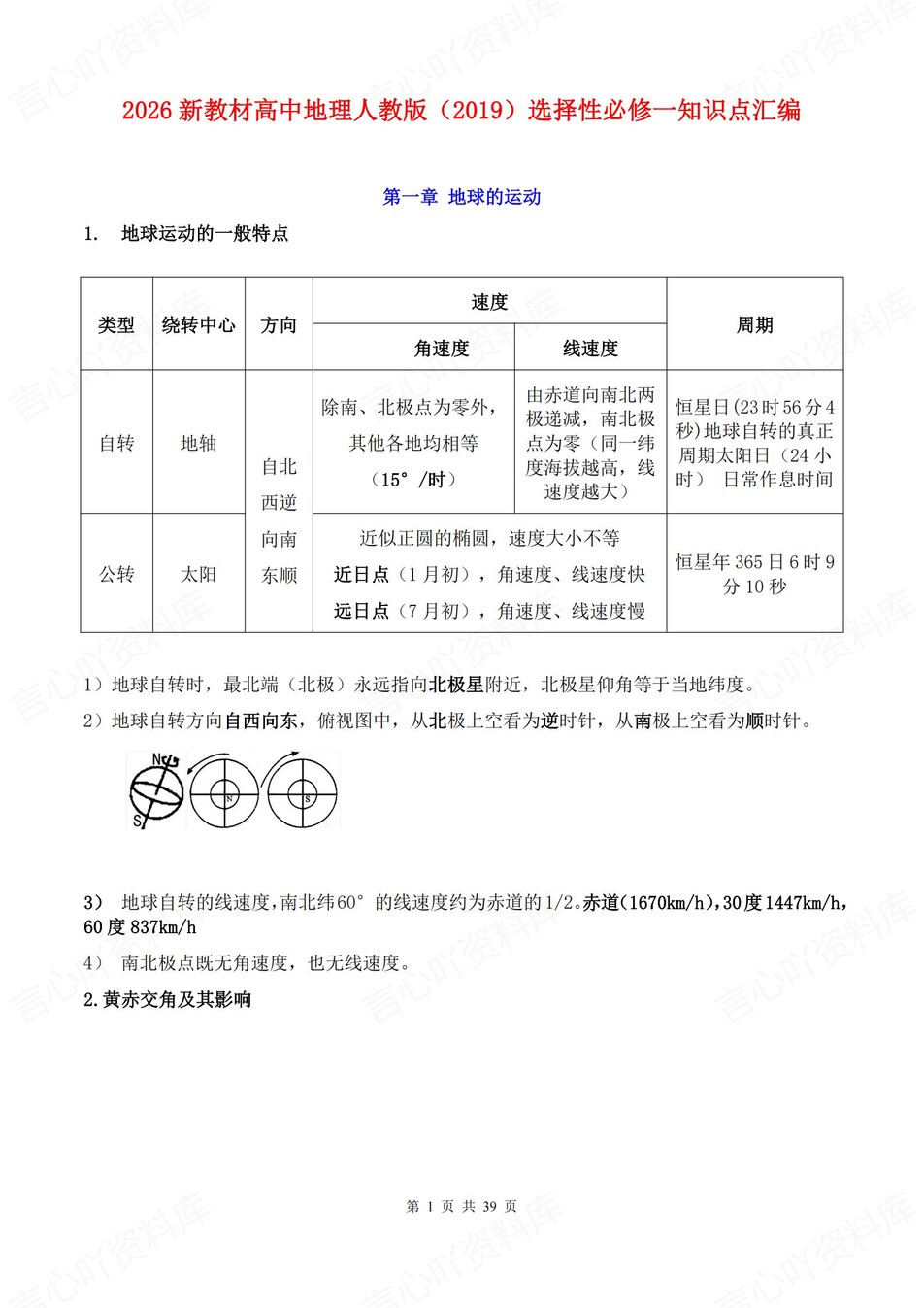 高中地理-选必一章节知识点归纳梳理-言心吖资料库