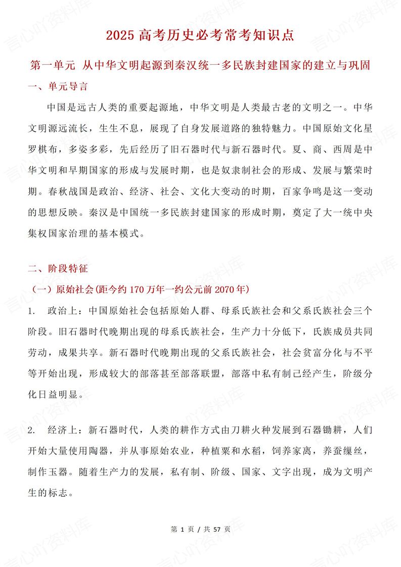 高中历史-2025高考20单元常考知识点梳理-言心吖资料库